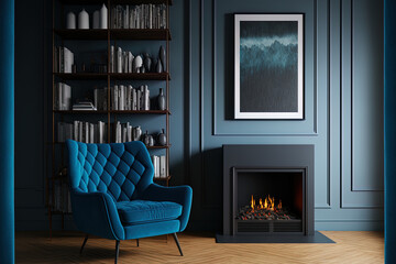 Interior of a living room featuring a fireplace and a blue armchair. Two bookcases and a vertical poster are present. a mockup Toned picture. Generative AI
