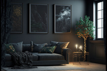 Mock up frames in dark home interior with sofa, loft,. Generative AI