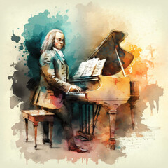 Johann Sebastian Bach watercolor painting Generative Ai - obrazy, fototapety, plakaty