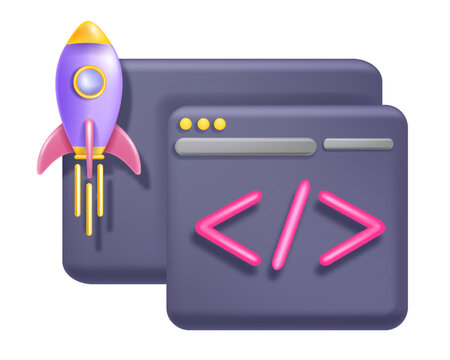 3D code icon, vector business python abstract api, technology computer design, programming frame. Java web development html concept, rocket program interface window. 3D code graphic website clipart