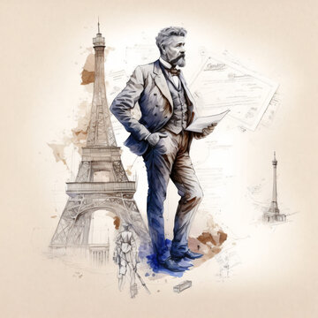 Gustave Eiffel watercolor painting Generative Ai