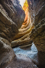 Canyon in the mountain gorge and mountain river. Saltinsky waterfall. Natural landmark in Dagestan.