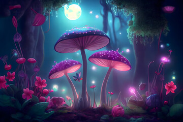 Fototapeta na wymiar Magical fantasy mushrooms in an enchanted fairy tale dreamy elf forest with fabulous fairytale blooming pink rose flower and butterfly on mysterious background, shiny glowing stars and moon rays in ni