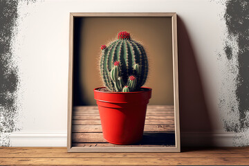 Cactus in a pot with a red frame is on a wooden table. Generative AI