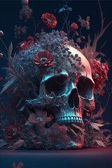 Skull surrounded by flowers and roses - generative ai