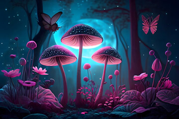 Obraz na płótnie Canvas Magical fantasy mushrooms in an enchanted fairy tale dreamy elf forest with fabulous fairytale blooming pink rose flower and butterfly on mysterious background, shiny glowing stars and moon rays in ni