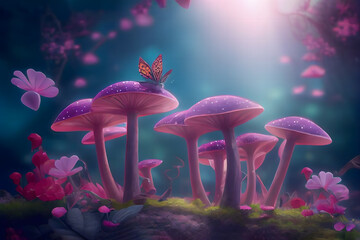 Magical fantasy mushrooms in an enchanted fairy tale dreamy elf forest with fabulous fairytale blooming pink rose flower and butterfly on mysterious background, shiny glowing stars and moon rays in ni