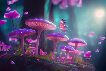 Magical fantasy mushrooms in an enchanted fairy tale dreamy elf forest with fabulous fairytale blooming pink rose flower and butterfly on mysterious background, shiny glowing stars and moon rays in ni