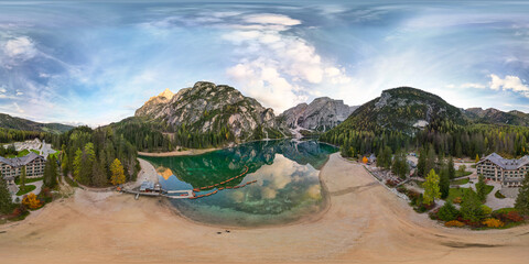 Beautiful 360 degree panorama of Lago di Braies, Dolomites, Italy