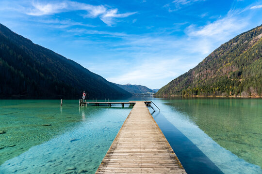 Lake Weissensee in Carinthia. Jetty at the east riverbank close to Stockenboi. © mdworschak