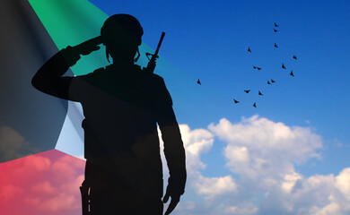 Kuwait flag and the silhouette of a saluting soldier on background of sky, National Holiday concept. EPS10 vector