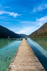 Lake Weissensee in Carinthia. Jetty at the east riverbank close to Stockenboi.