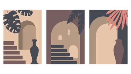 tree posters boho style with plants, architecture and vases © Olga