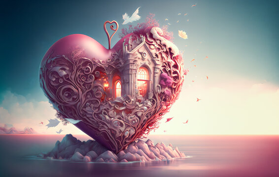 Vivid magenta heart illustration with Ornaments and House for Valentine Day or Love Concept -Generative AI