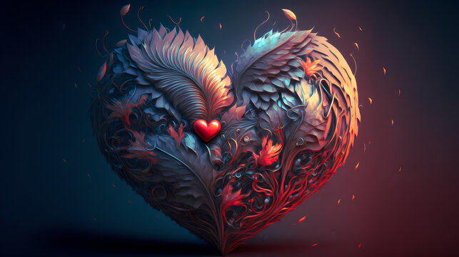 Feather or Leaves Heart St. Valentine's Card Love Background. Generative AI
