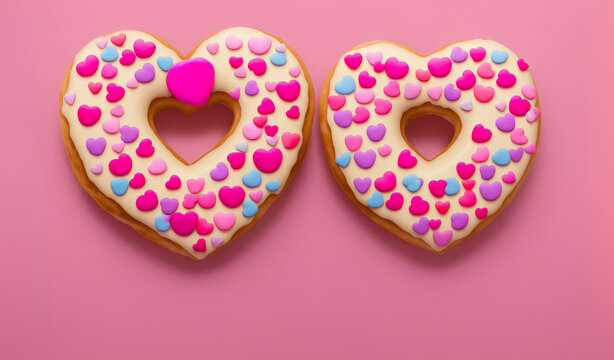 Valentine's Day heart shape pink donut with sprinkles on pink background Generative AI