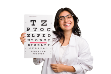Young indian oculist woman holding an eye chart paper cut out isolated laughing and having fun.