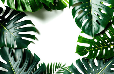 Creative natural background for text, monstera green leaves with paper card for copy space. Generation AI