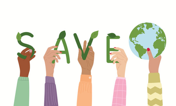 Save the planet ecology card. Diverse people hold letters save to protect the Earth. Environment improvement concept. Hand drawn vector illustration.