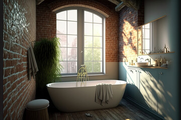 bathtub in the bathroom's interior, loft style. Generative AI