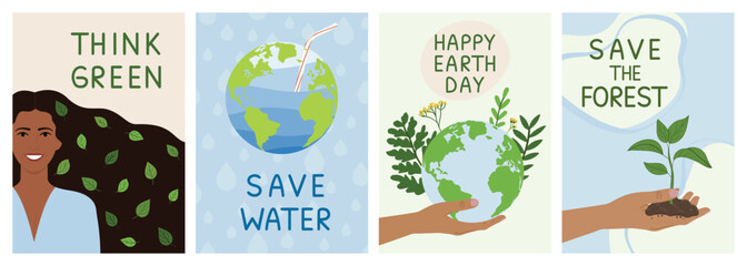 Set of save the planet ecology cards. Think green, save water, happy Earth day, save forest, environment improvement concept. Hand-drawn vector illustration.