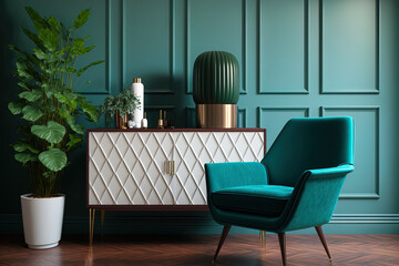 mockup of a luxury living room with a modern mid century décor and a green wall with a blue armchair, white light, and sideboard. Generative AI