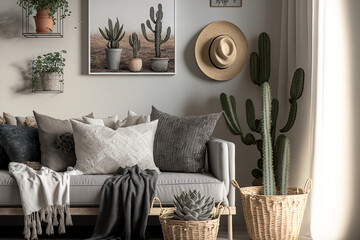 Bohemian living room with soft grey plaid and decorative cushions on white couch, close to potted ficus and cactus in wicker baskets. Houseplants, mockup picture frame and home decor on wall shelf