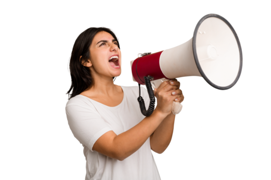 Young Indian woman holding a megaphone isolated