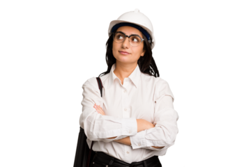 Young architect indian woman with helmet and holding a meter cut out isolated