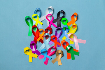 World Cancer Day. Colorful ribbons, cancer awareness. International Agency for Research on Cancer