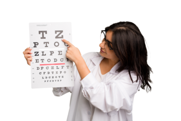 Young indian oculist woman holding an eye chart paper cut out isolated