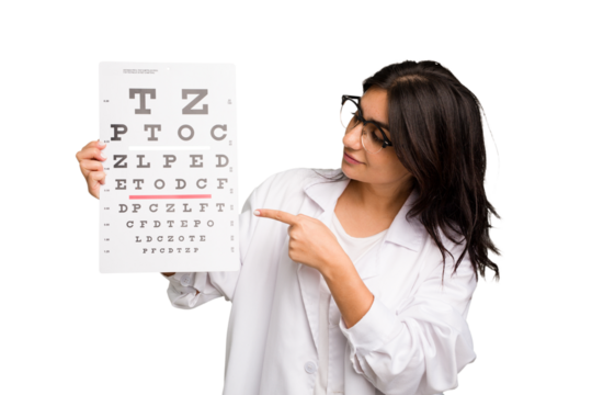 Young indian oculist woman holding an eye chart paper cut out isolated - Powered by Adobe
