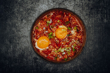 Shakshuka in a bowl on a stone table with eggs, tomato, green onion and garlic
