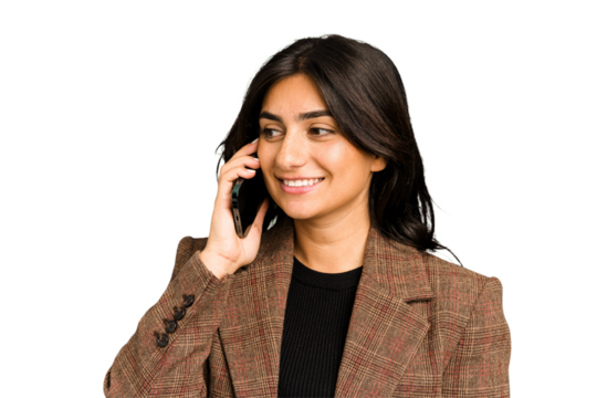 Young indian business woman calling with mobile phone isolated