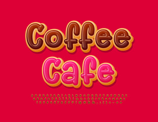 Vector artistic logo Coffee Cafe with Chocolate glazed Font. Sweet cake Alphabet Letters, Numbers and Symbols set