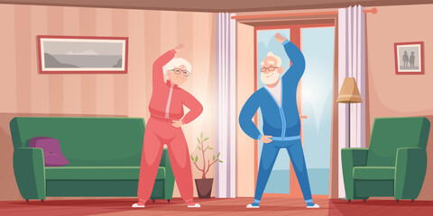 Elderly daily routine. Pensioner making home exercises senior people exact vector background template