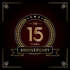 Fototapeta premium 15th Anniversary Logo Design Concept with Laurel wreath for Birthday Celebration Event. Line Art Design, Logo Vector Template