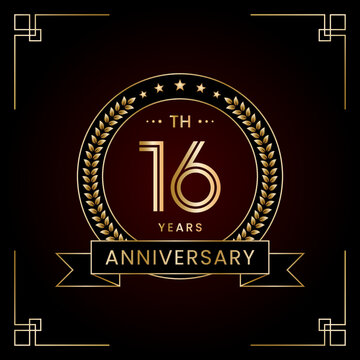 16th Anniversary Logo Design Concept with Laurel wreath for Birthday Celebration Event. Line Art Design, Logo Vector Template