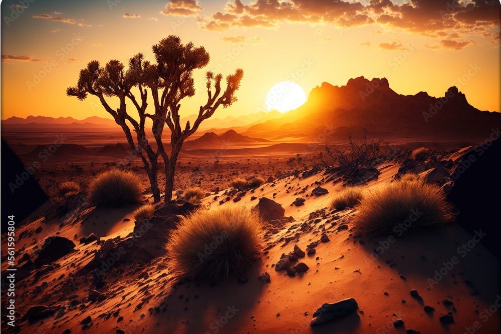 Poster a desert with a sunset and a lone tree in the foreground and a mountain in the background with a few