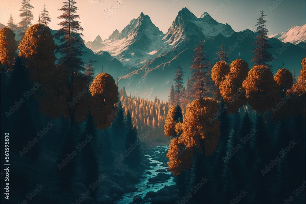 Poster a painting of a mountain landscape with a river running through it and trees in the foreground and a