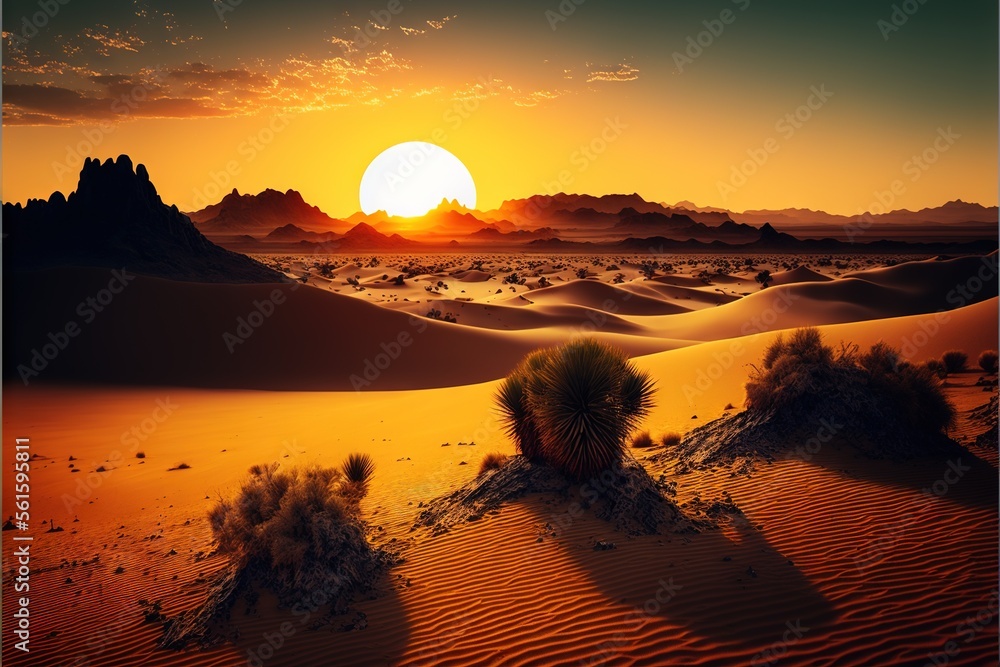 Poster a desert with a sunset and a lone tree in the foreground and a mountain in the background with a few