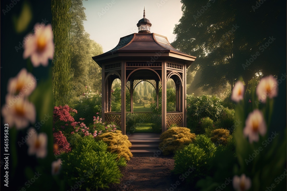 Poster a gazebo surrounded by flowers and trees in a park setting with a path leading to it and a path lead