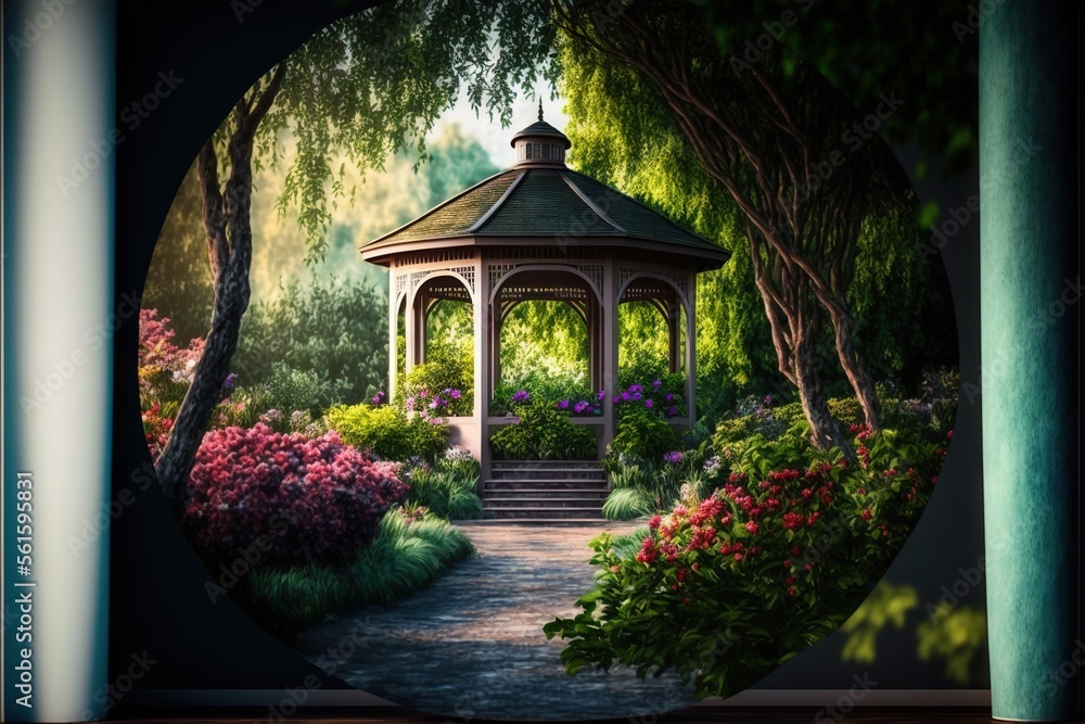 Aufkleber a painting of a gazebo in a garden with flowers and trees around it, with a path leading to it and a