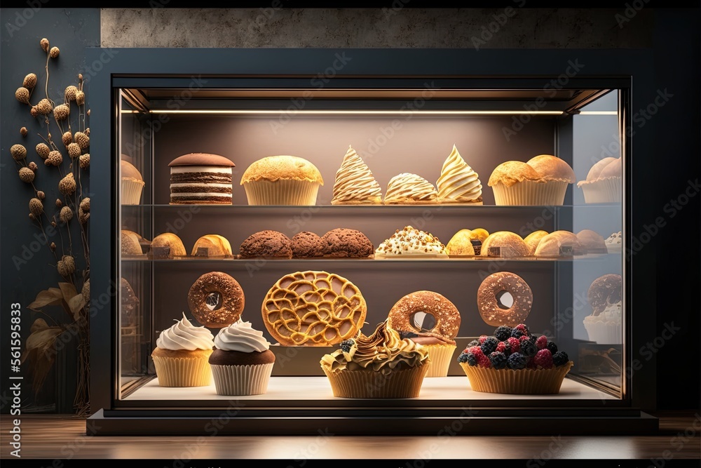 Poster a bakery with a display case filled with a variety of pastries and cakes the display case is made of
