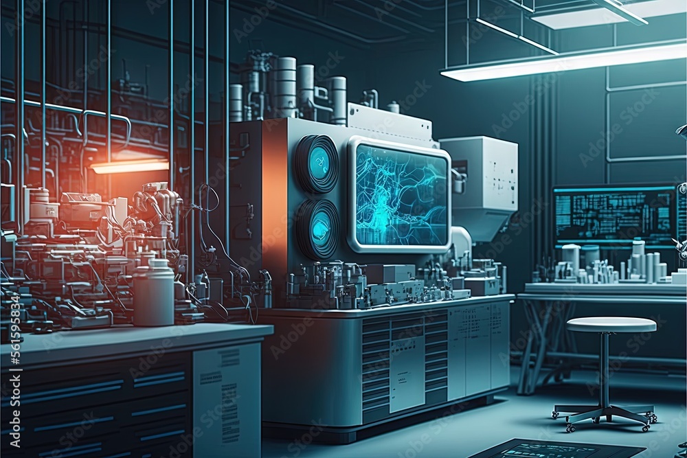Poster a room with a computer and a lot of equipment in it and a man standing in front of the monitor in th