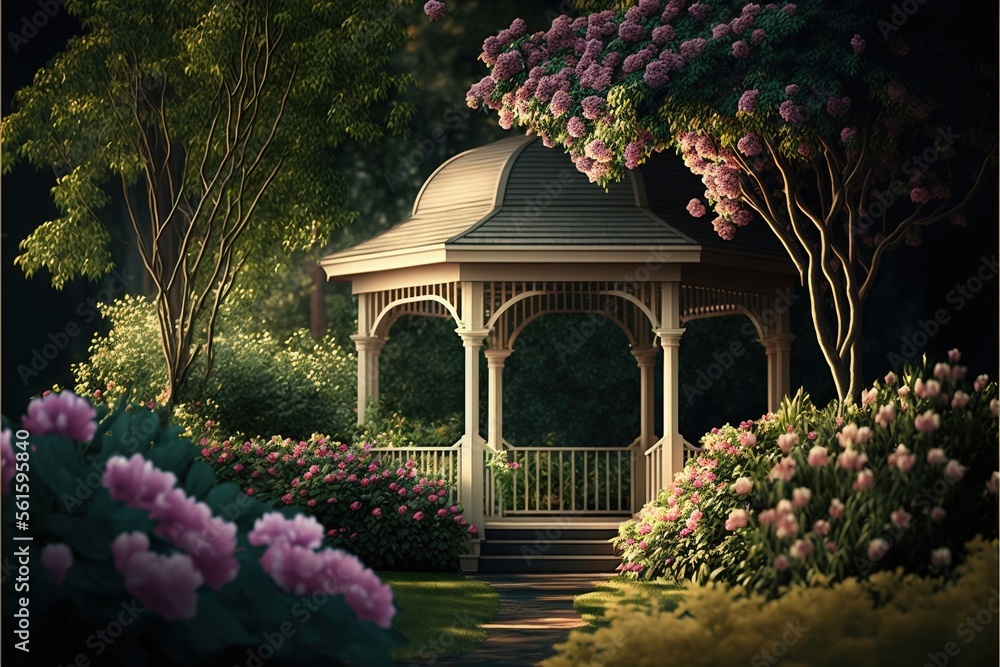 Poster a gazebo surrounded by flowers and trees in a park at night time with a path leading to it and a pat