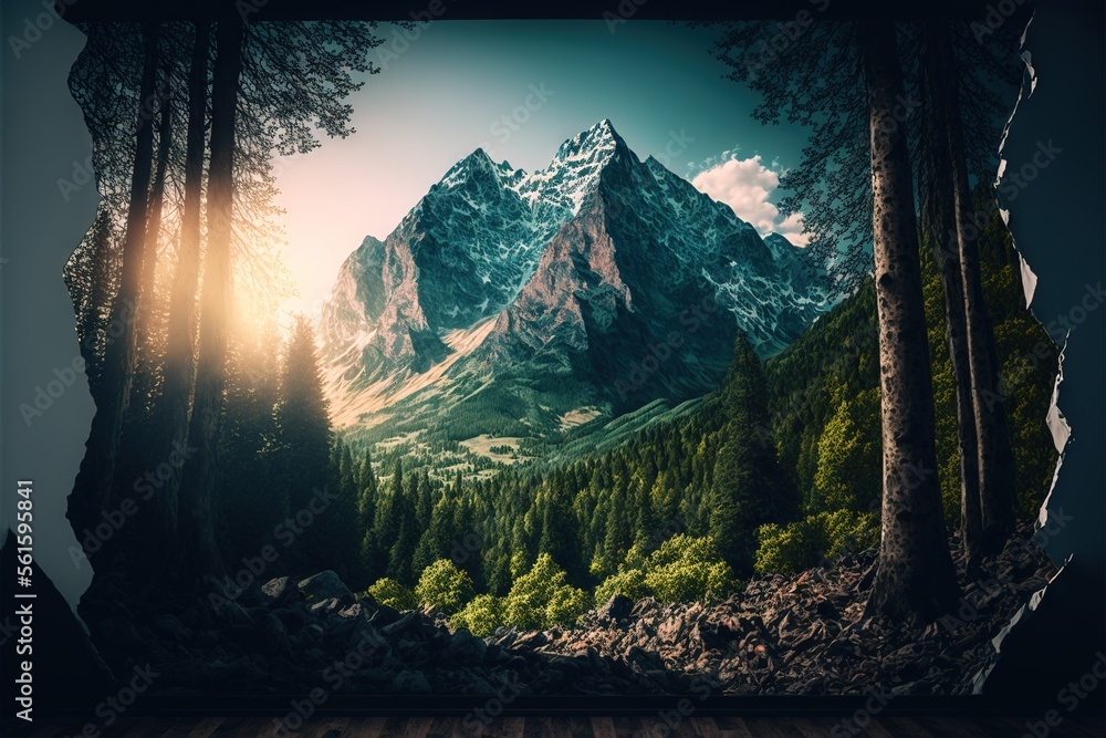 Poster a picture of a mountain with trees and a sun shining through the trees and the mountains are in the 