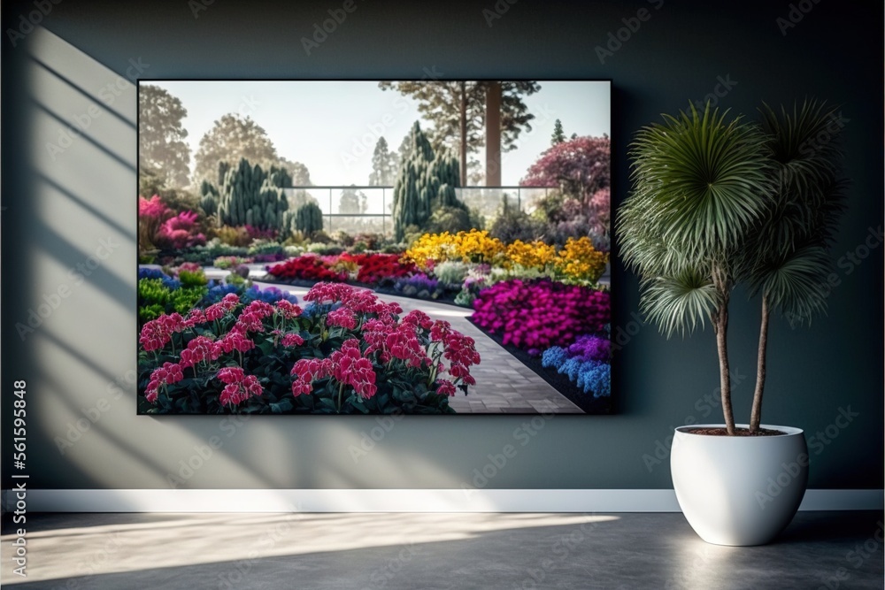 Poster a picture of a garden with flowers and trees in it is hanging on a wall in a room with a potted plan