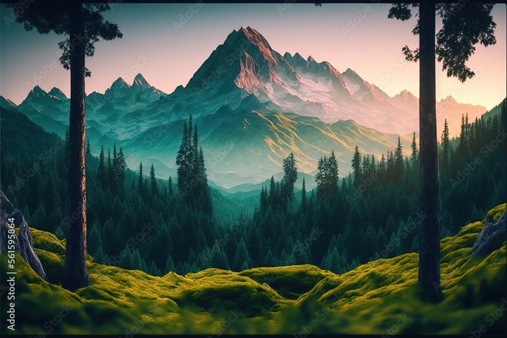 Poster a painting of a mountain scene with trees and grass in the foreground and a pink sky in the backgrou