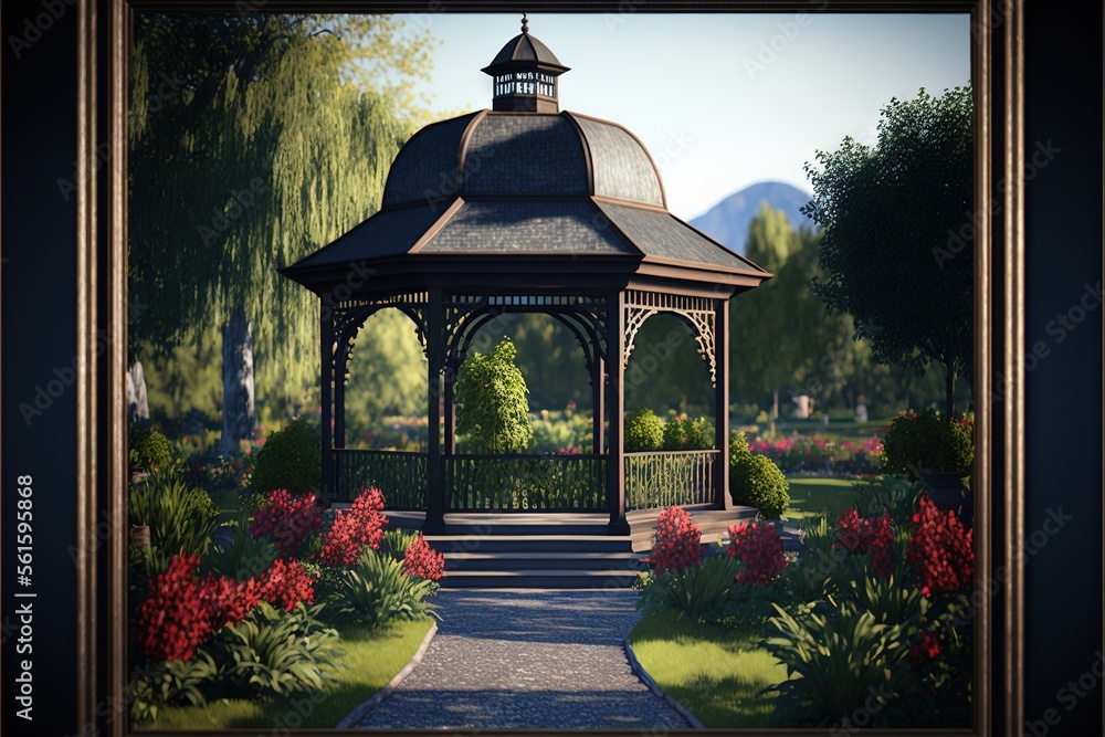 Poster a gazebo in a garden with flowers and trees in the background, with a path leading to it and a path 